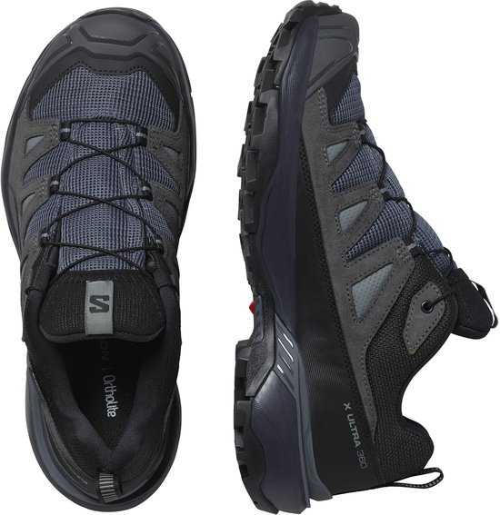 Paar grijze Salomon X Ultra 360 wandelschoenen, Gore-Tex, Contagrip zool.