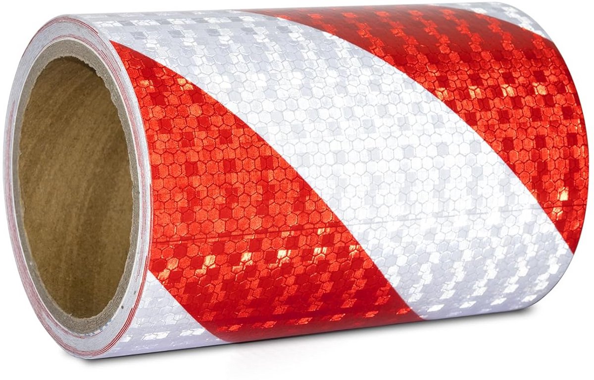 Rood-witte reflecterende tape 15 cm breed 10 meter lang voor veiligheid