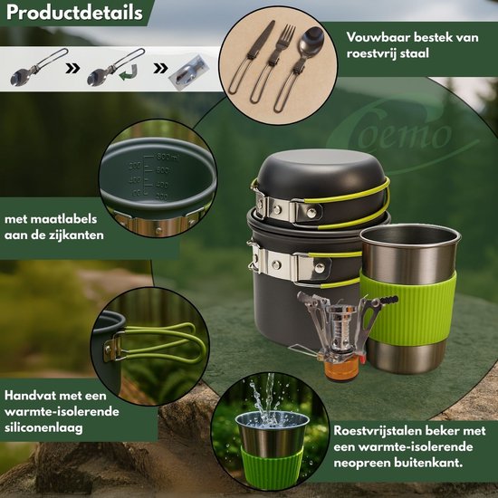 Coemo 7-delige outdoor kookset, groen, campingfornuis, pannenset met rugzakfornuis, roestvrijstalen beker, mes, vork en lepel voor backpacken, kamperen, wandelen en picknicken. — afbeelding 2