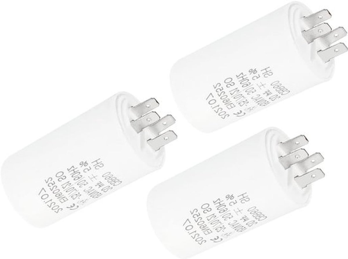 CBB60 20 uF Gangcondensator, 3 stuks, AC 450 V, 4 pins, 50/60 Hz, onderste cilinder voor wasmachine, waterpomp, stermotor, wit