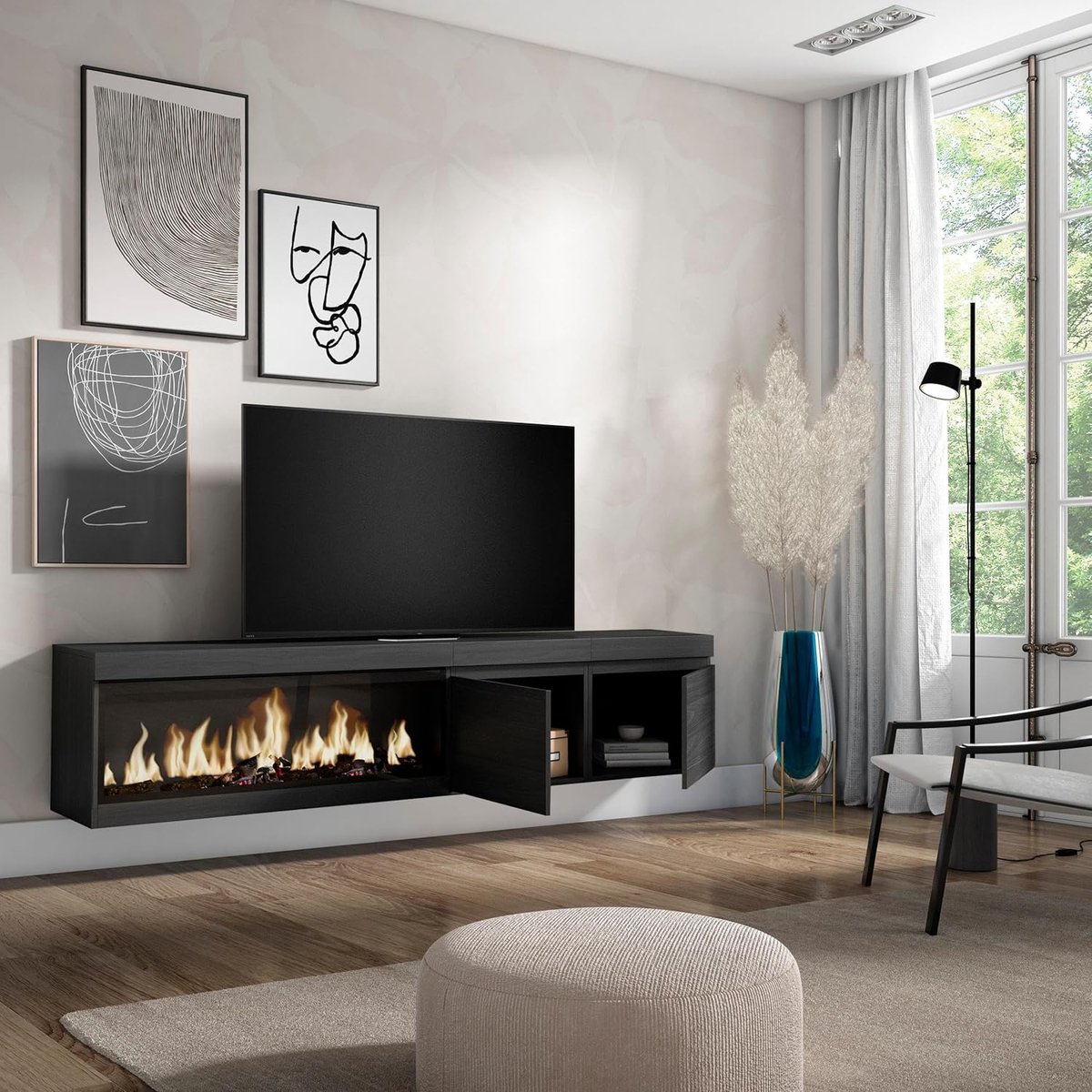Elektrische Hangende TV Lowboard met XXL LED Open Haard 210 cm, Zwart – Voor TV’s tot 80 inch, Moderne Woonkamer- en Eetkamermeubel – Abkantoor