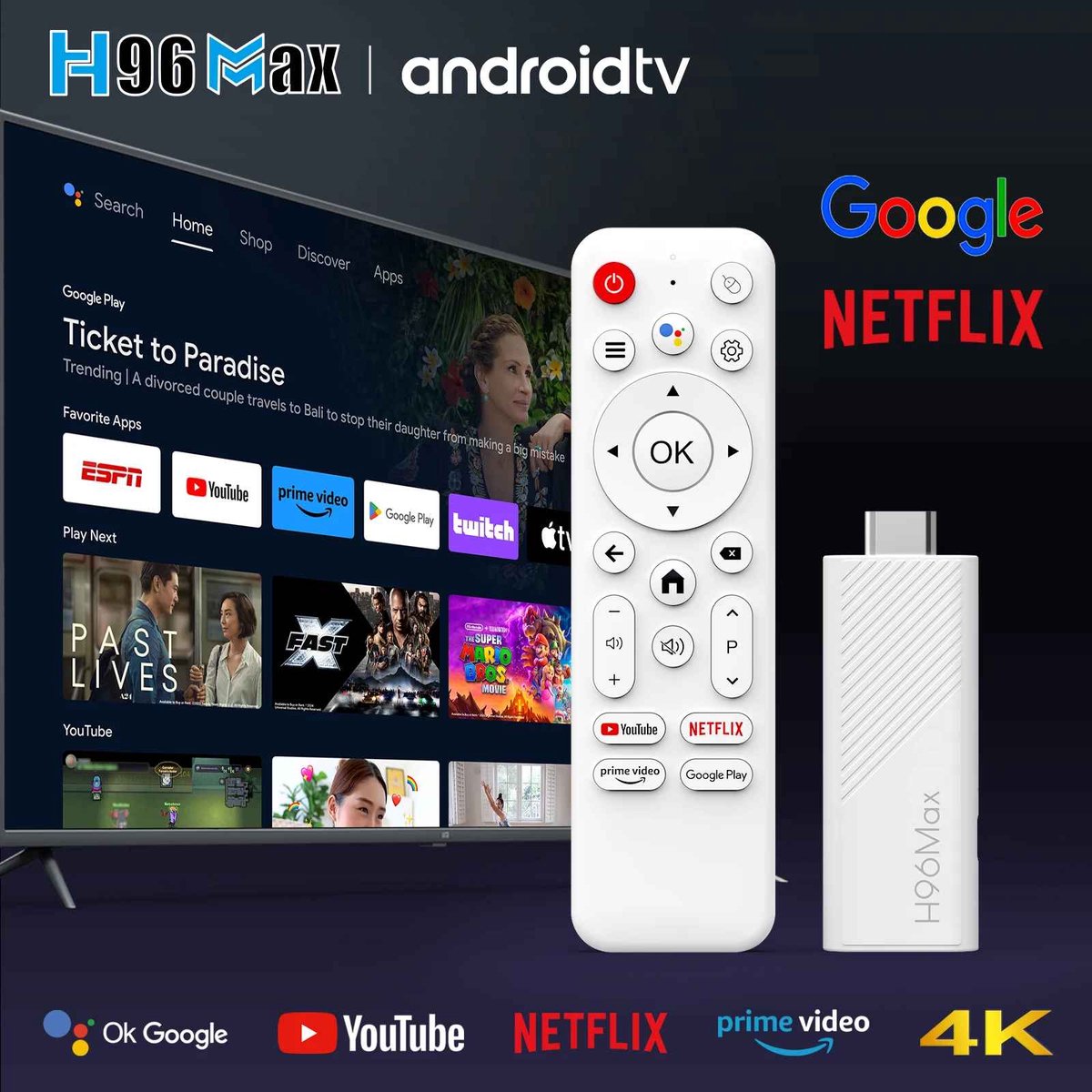H96 H313 Android TV Stick 4K – Android 14 – 2GB RAM 16GB – Smart TV Dongle HDMI – Google ATV UI – Voice Remote – WiFi Streaming Stick