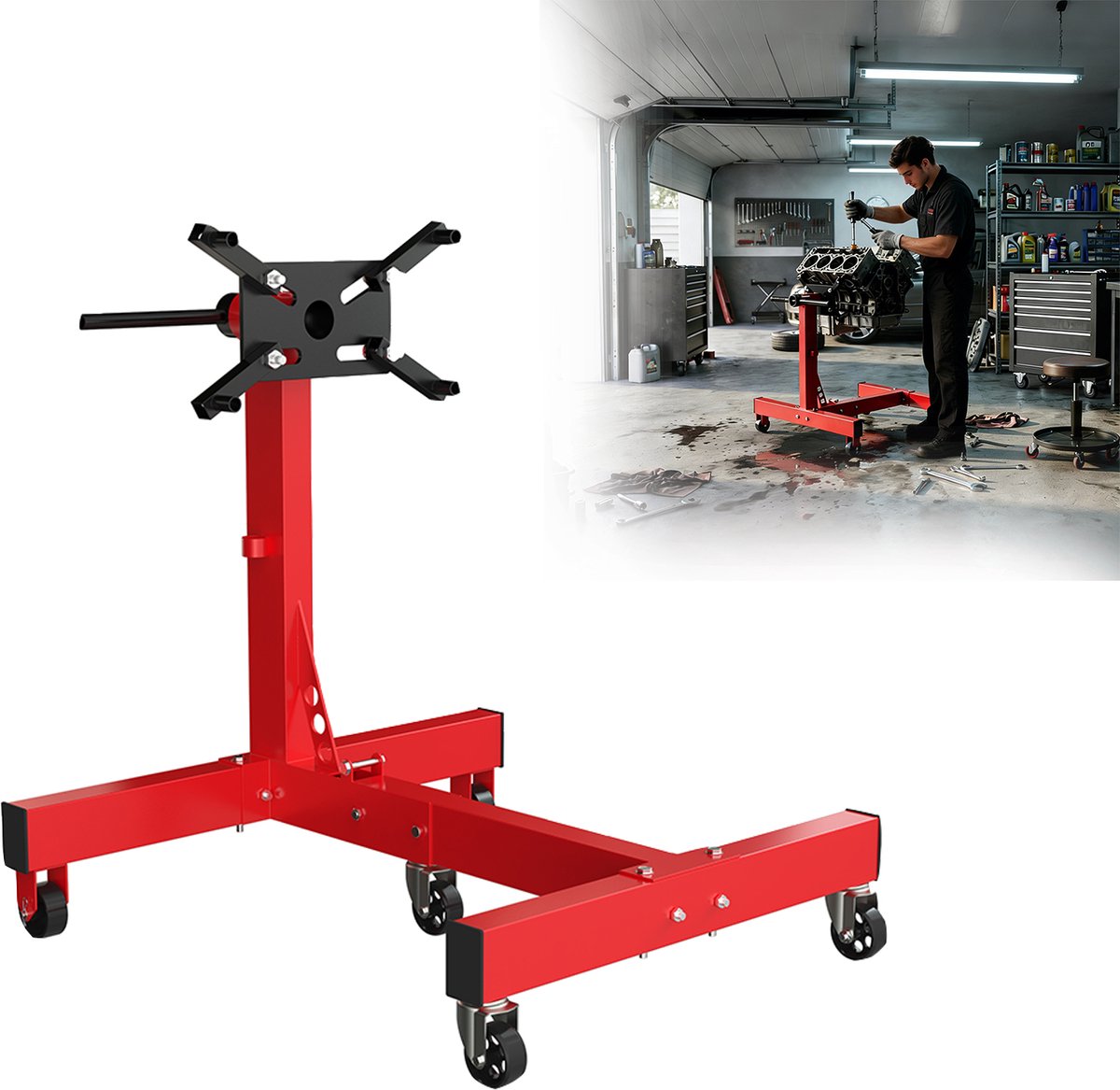 Aufun draaibare motorsteun – rood – draagvermogen 680 kg – gecoat stalen frame – 360° draaibaar – op wielen – voor werkplaats en garage