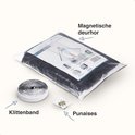 Verpakking van een zwarte magnetische vliegenhor met klittenband en punaises.