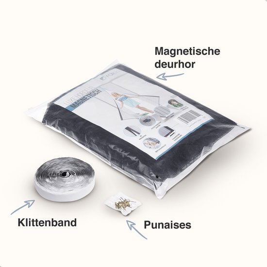 Verpakking van een zwarte magnetische vliegenhor met klittenband en punaises.