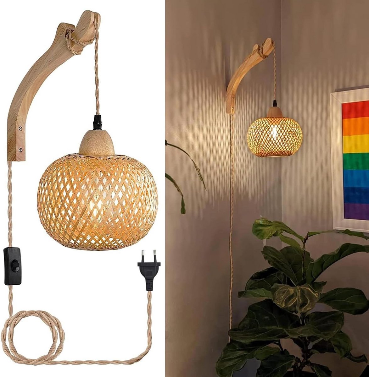 Wandlamp Binnen met Snoer - Wandlamp met Stekker voor Binnen - met Dimbare Schakelaar - In