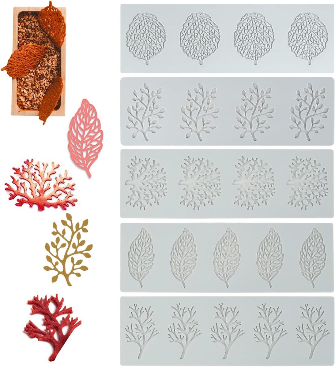 Siliconen bakvormen voor taartdecoratie, bladeren en 3D vormen, 5-delige set.