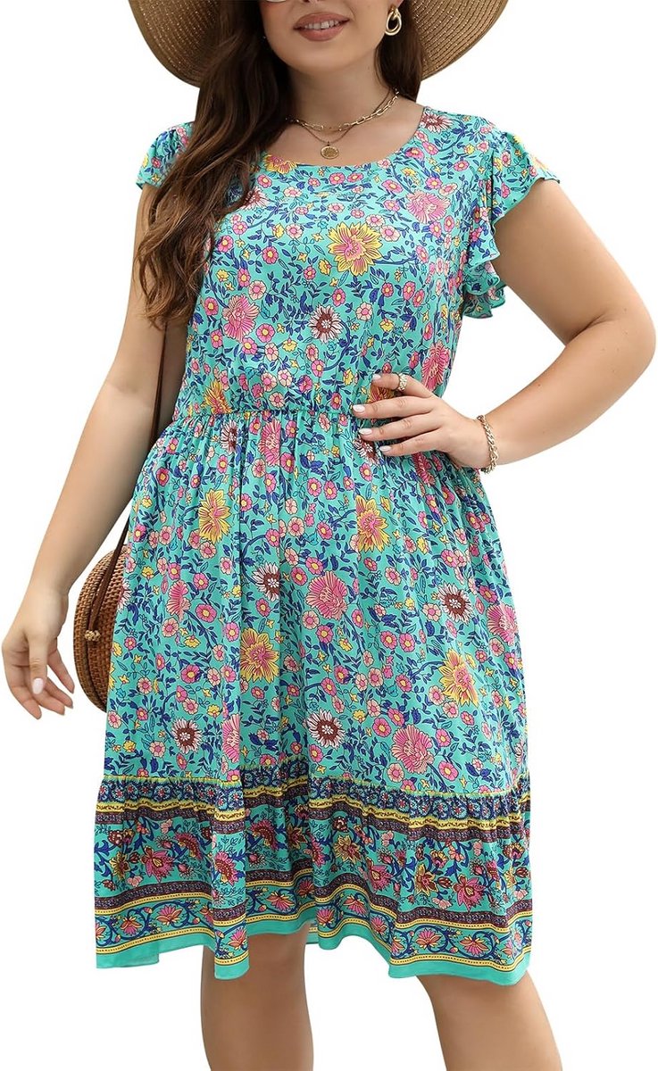 Midi Jurk Grote Maten Bloemen Zomer Casual Boho Afstuderen met Zakken