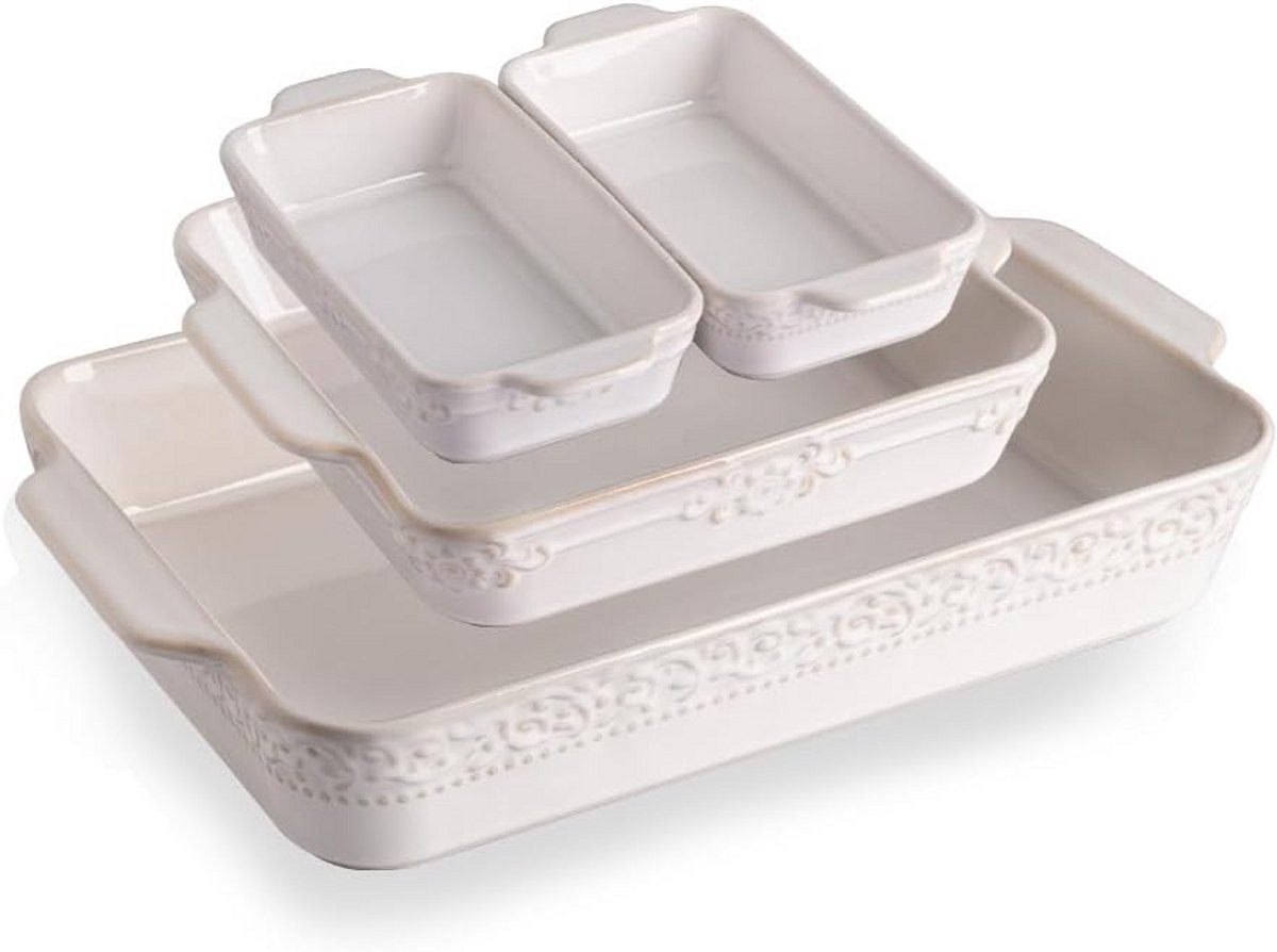 Set van 4 Rechthoekige Keramische Ovenschalen met Handvatten