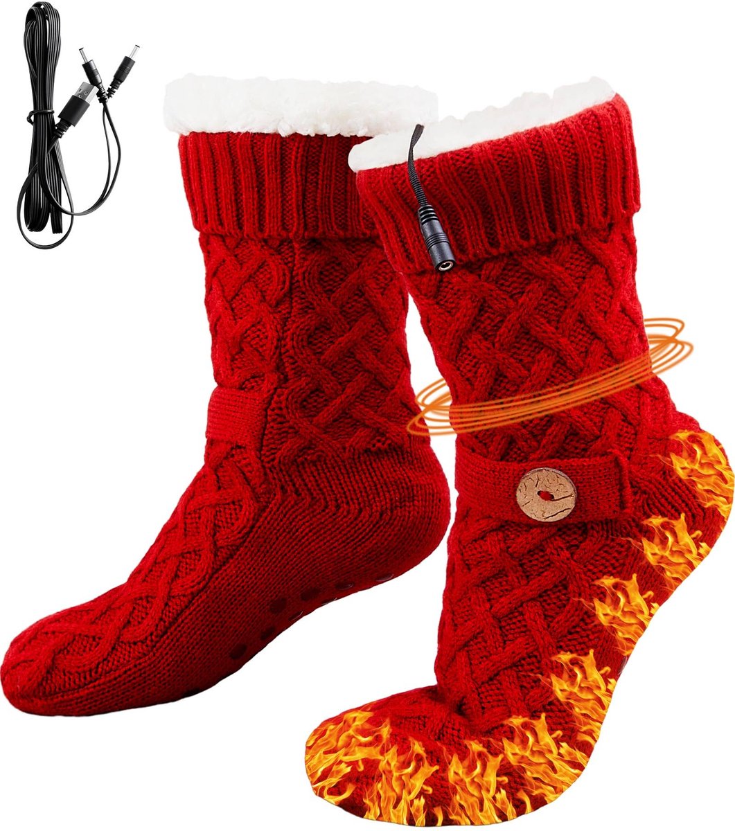 Ynkkvre Verwarmde Sokken Elektrisch Verwarmde Sokken Verwarmde Sokken USB Verwarming Dik Fleece Met Sherpa Binnenvoering Voor Constante Warmte Van 40°C 1 Paar Voor Thuis/Kantoor Rood