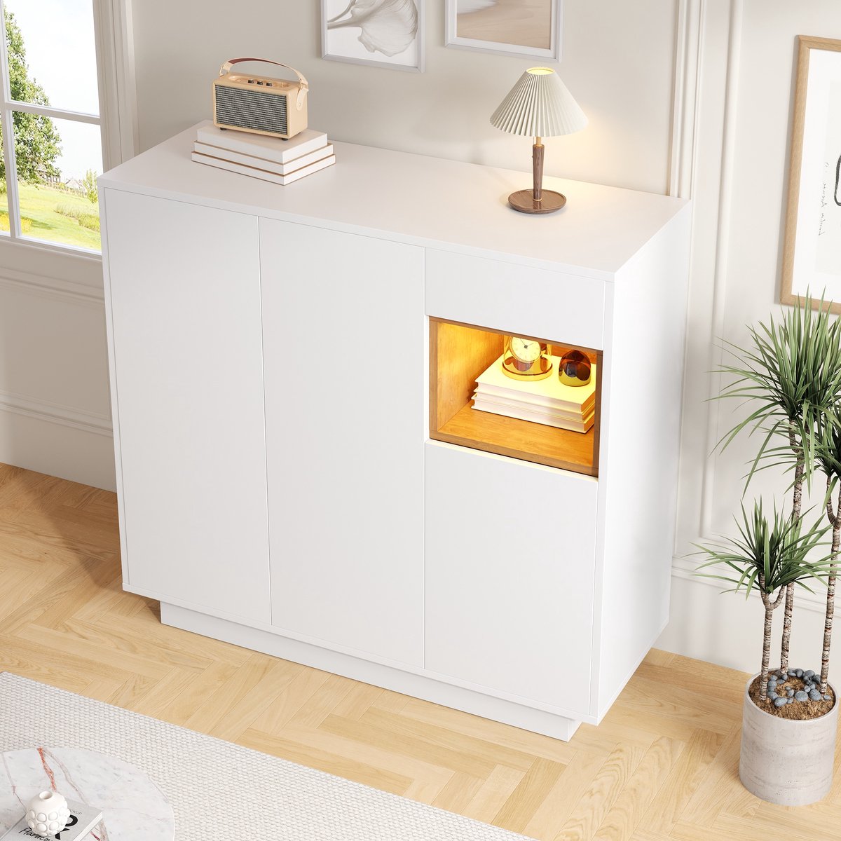 HAUSS SPOLE Schoenenkast - Modern Ontwerp Met 16-Kleurige LED En Verstelbare Planken - 1 Lade En Open Houten Vakken - Spaanplaat - 105x39,5x100,5 cm - Wit/Naturel
