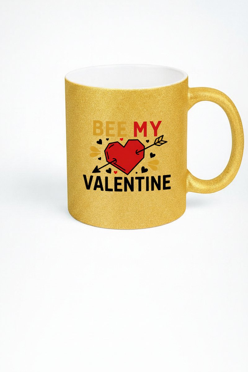 Gouden Glitter Mok 'Bee My Valentine' - Uniek Valentijnscadeau voor Liefdevolle Momenten
