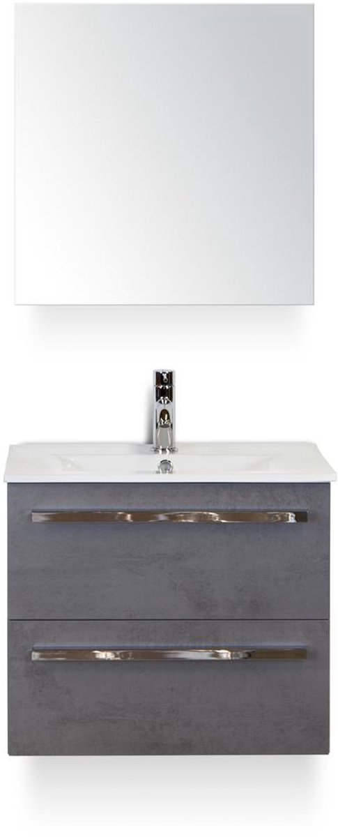 Seville Badmeubelset 60 cm - Beton Antraciet - Keramische Wastafel Wit Enjoy - met Spiegelkast
