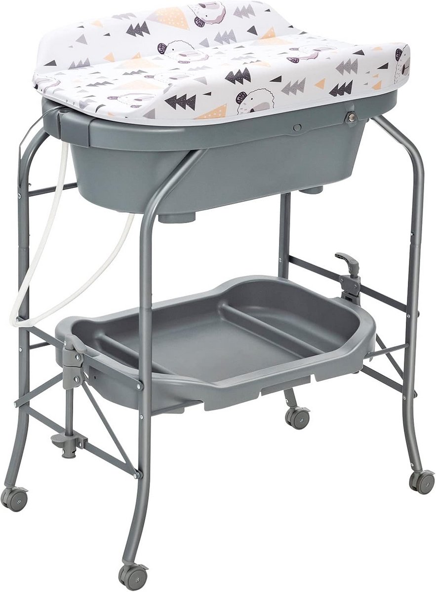 Opvouwbare en Inklapbare Babybadtafel met Wielen en Opbergvak