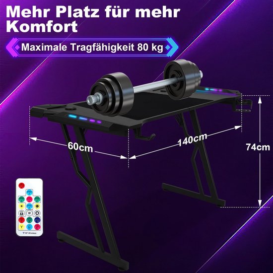 Ergonomisch Gaming Bureau Z-Vorm 140x60 cm met LED Verlichting en Grote Muismat — afbeelding 2