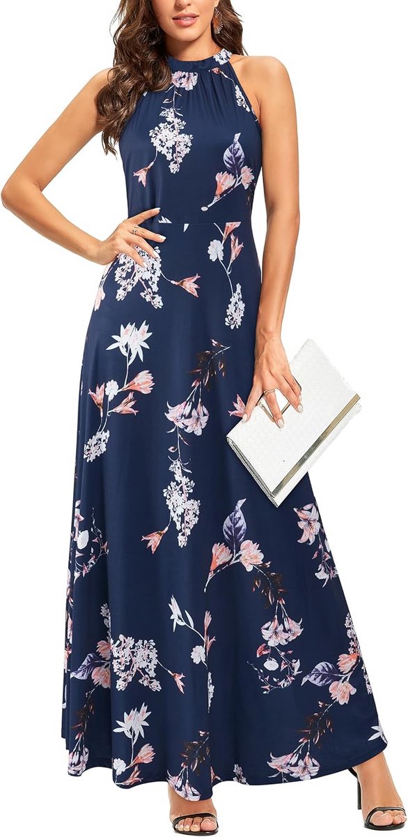Lange Zomer Maxi Jurk Dames - Sexy Bloemenprint Halterhals voor Feest of Bruiloftsgast