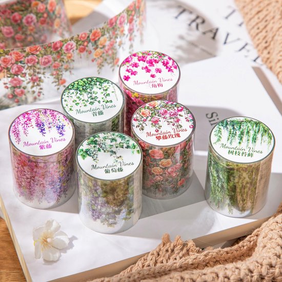 Ningmo Scrapbook Washi Tape Set - 6 Rollen Esthetische PET Tape Met Hekken Bloemen en Multi-Patronen voor Dagboeken, Bullet Journals, Planner en Handwerk (04