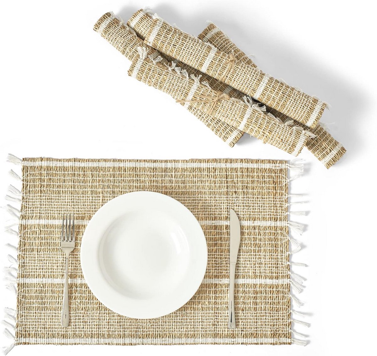 Set van 6 Gevlochten Placemats - Natuurlijk Riet en Zeegras - Hittebestendig en Antislip