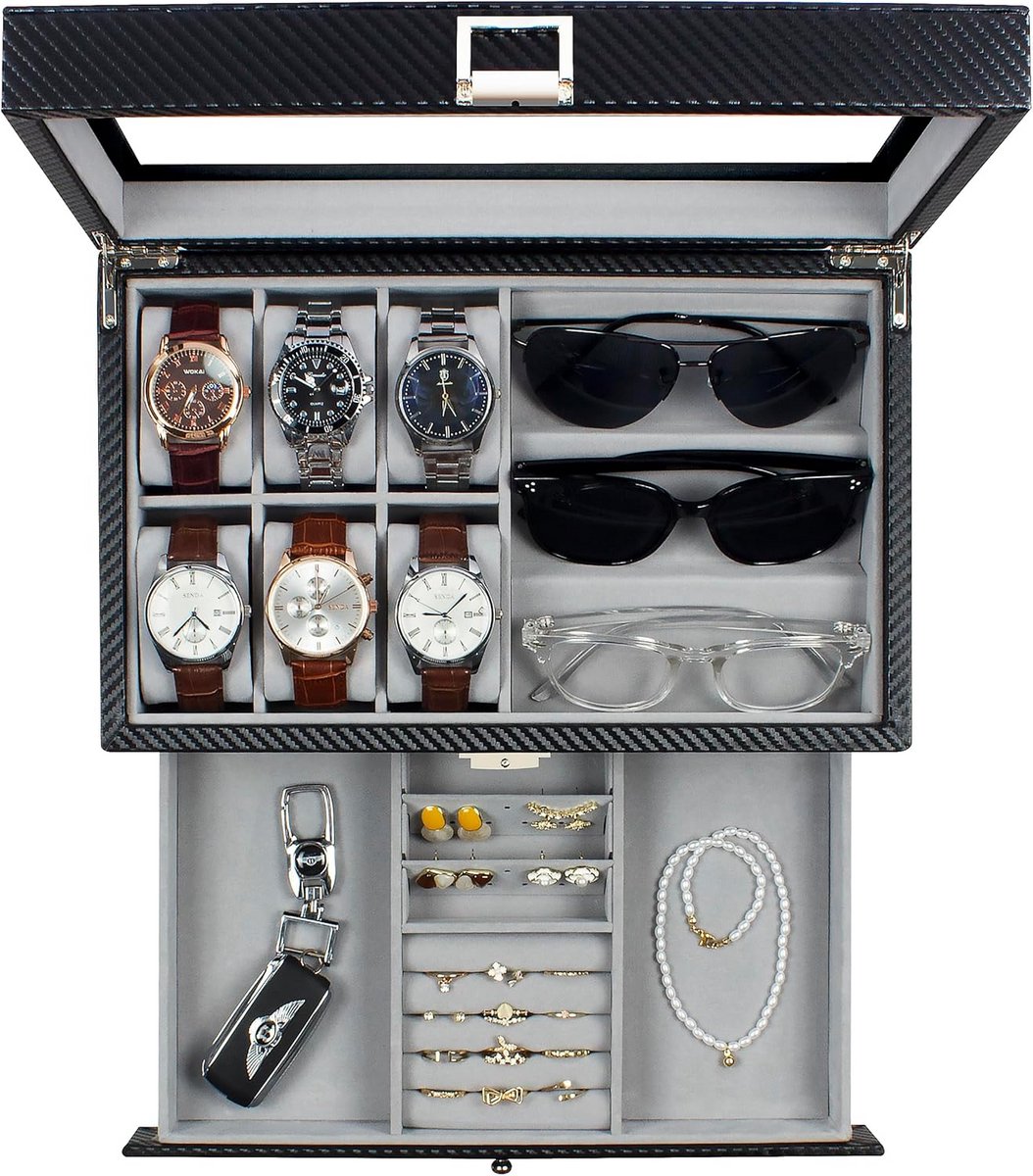 Luxe Horlogedoos met 6 Vakken en Opbergruimte voor Zonnebrillen - Organiser voor Heren en Dames