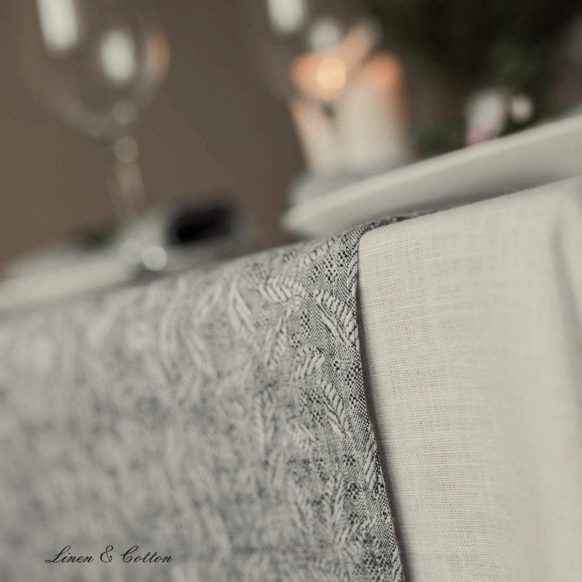 Linnen Tafelloper Jacquard Zwart Wit met Bladerpatroon - 100% Linnen - 45x140 cm