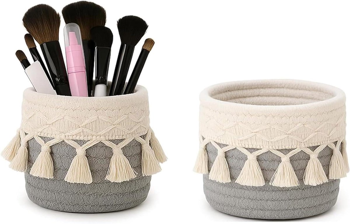 Grijze penseelhouder voor make-uptafel, boho opbergmand met cosmetica-organizer