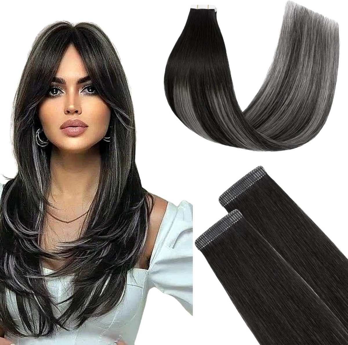Tape-in Extensions Echt Haar Dubbel Gestikt Ombre Natuurlijk Zwart naar IJsgrijs 45 cm