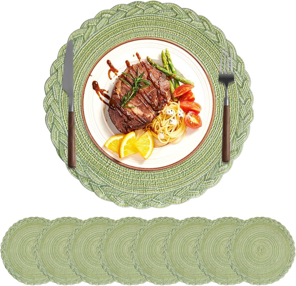 Set van 8 Ronde Gevlochten Placemats Boho Groen 38cm Hittebestendig