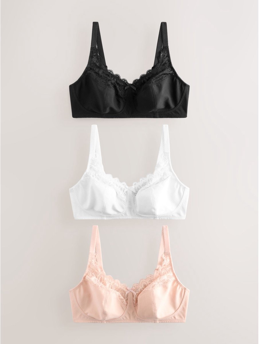 Next Dames - Set van 3 hoog ondersteunende beha's van katoen en kant zonder vulling en zonder beugel - Zwart Black/White