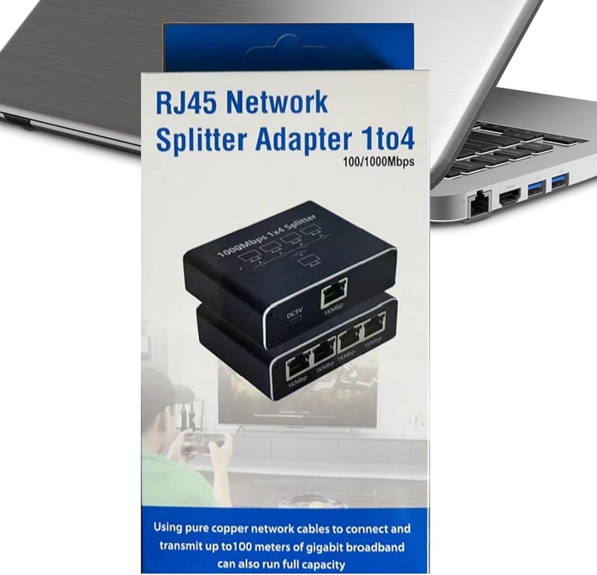 Ethernet Splitter - Netwerkverdeler Adapter - Meerdere Apparaten - 1 tot 4 Poorten - 16x8x3.2cm - Zwart