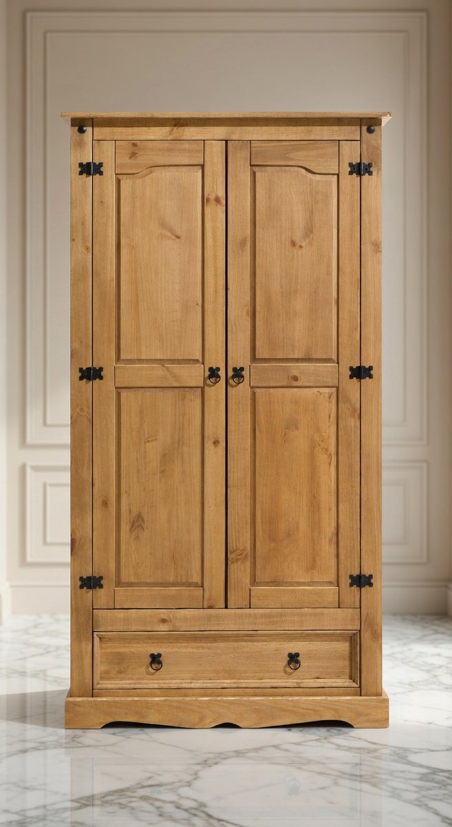 Massieve Grenen Kledingkast 2-Deurs – Grote Garderobekast met Lade en Hoedenplank – Houten Halmeubel voor Mantels, Jassen en Accessoires – 100 x 190 x 56 cm – Gebeitst en Gewaxt House&Garden