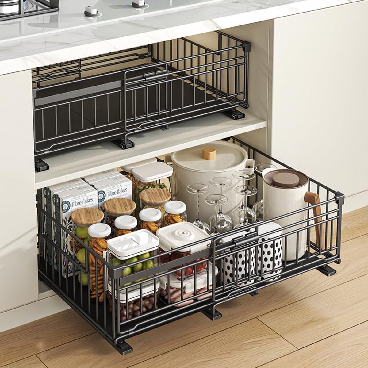 2-set - Keukenlade – Schuiflades - Uitschuifbare Keukenkast Organizer - Zelfklevend (Zonder Boren) - Verstelbare Breedte (32.5 tot 50 cm) - Uittrekbare Lade voor Keuken & Voorraadkast