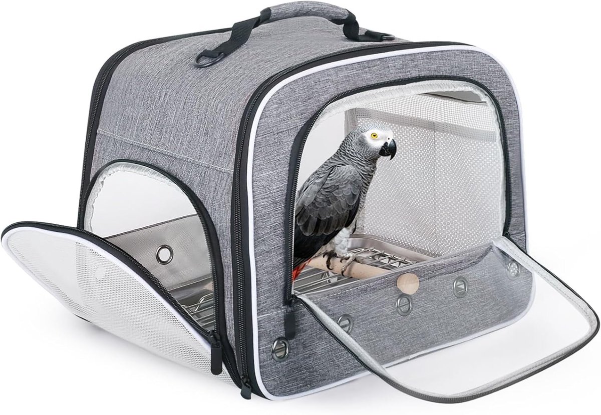 Vogeldrager Papegaai - Draagbare Tas - Vogel Vervoer - Met Metalen Dienblad - Maat L - Grijs
