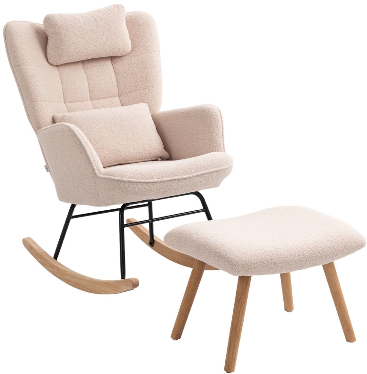 Merax Schommelstoel Met Voetenbank Beige – Comfortabele Relaxstoel Met Zachte Fleece Bekleding - Hoge Rugleuning En Houten Poten – Loungestoel Voor Woonkamer