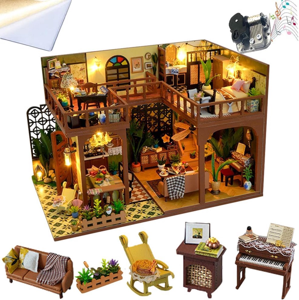 Doe-het-zelf Miniatuur Poppenhuis Bouwpakket Houten Model met Stofbescherming en Muzikale Beweging