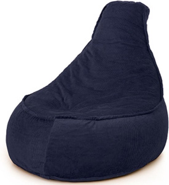 Een donkerblauwe, ribstof zitzak met een ergonomische vorm, op een witte achtergrond.