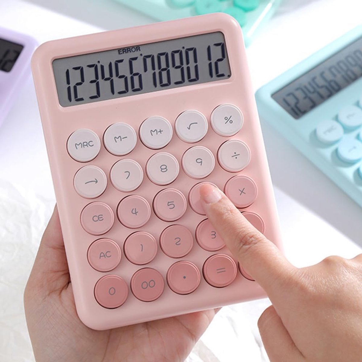 Desktoprekenmachine Groot LCD - Basis Calculator - Kantoor Werk - Gekanteld Scherm - 12 Cijfers - Gradiënt Roze