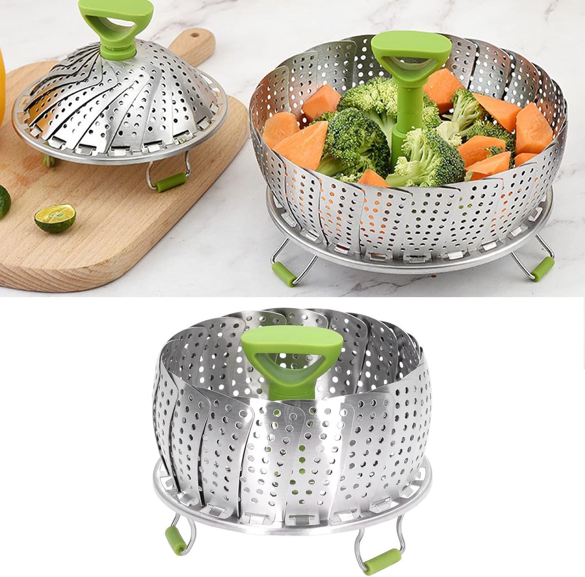 Stoommand RVS Opvouwbaar Keukengereedschap Gezond Koken Siliconen Voetjes Krasvrij Groot Formaat Zilver