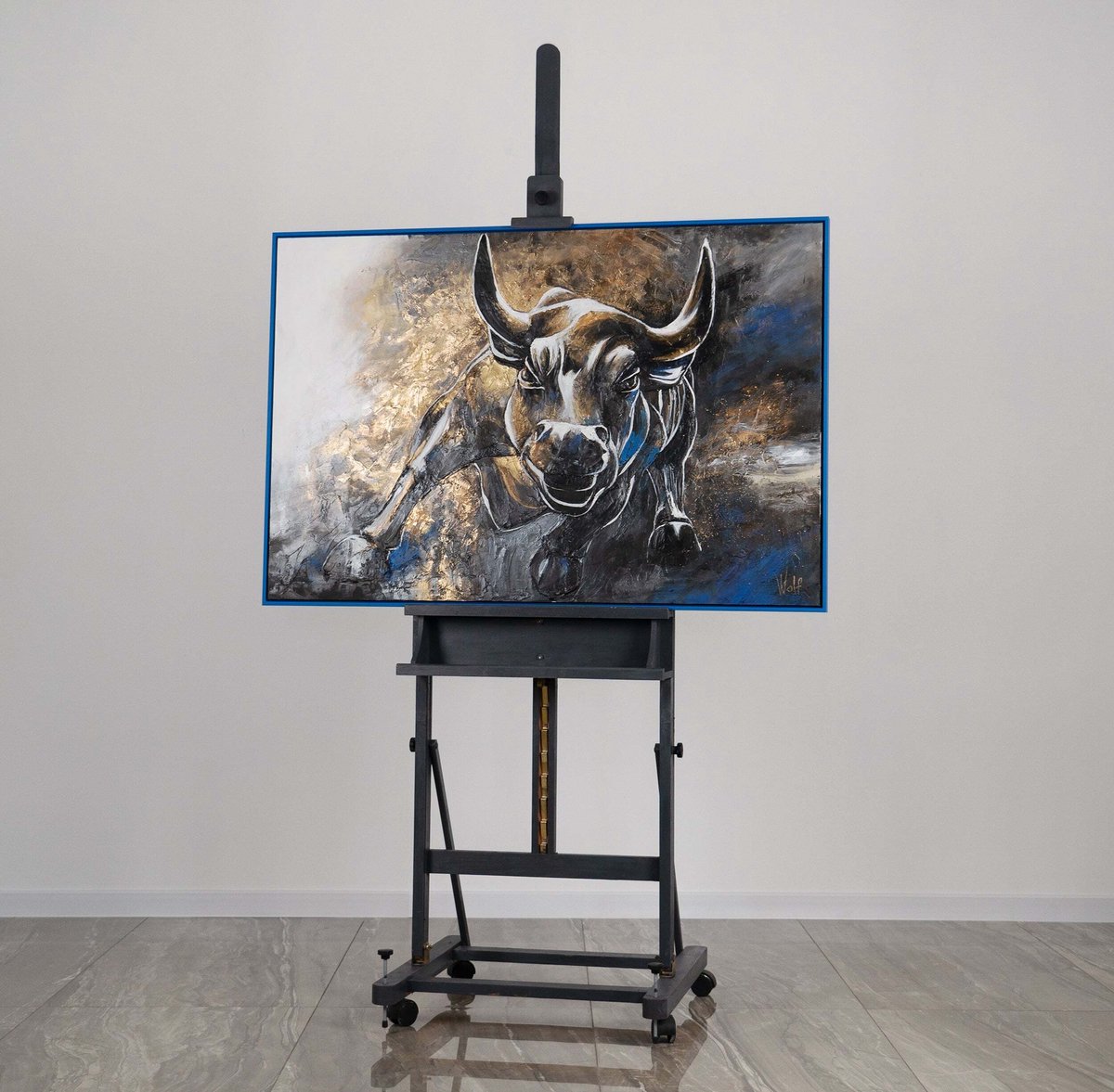 YS Canvas schilderij 140x100 cm handgeschilderd symbool onverschrokkenheid krachtig – YS-Art Gallery – Krachtige wanddecoratie voor woonkamer – Modern schilderij voor kantoor Blue