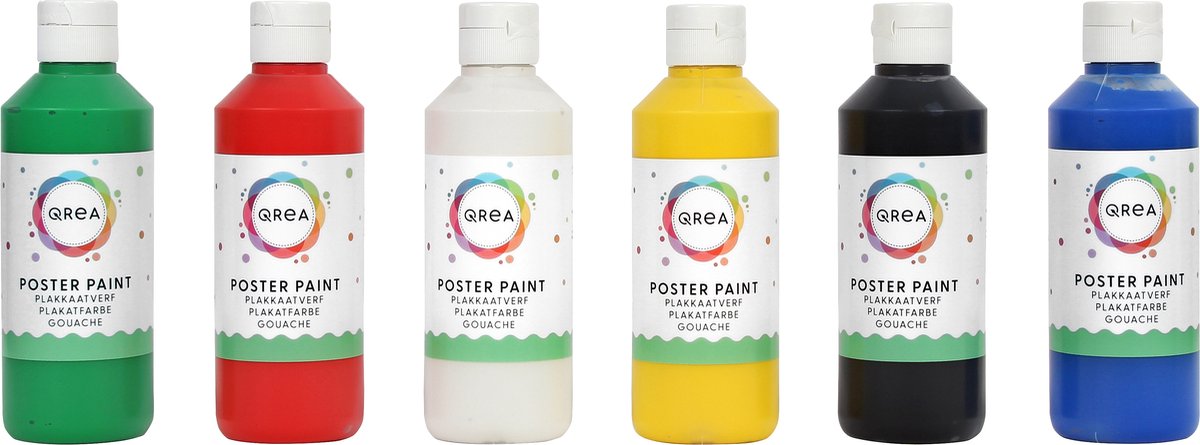 Plakkaatverf Qrea set à 6 standaard kleuren 250ml
