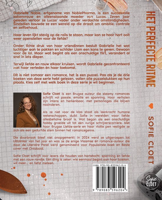 Achterkant van een boek met een foto van Sofie Cloet, tekst en een ISBN-nummer.