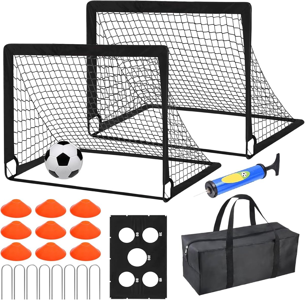 Kinder Voetbaldoel - Sporttrainingsmateriaal Set - Buiten Spelen - Inclusief Bal en Kegels - 120 x 90 cm - Zwart