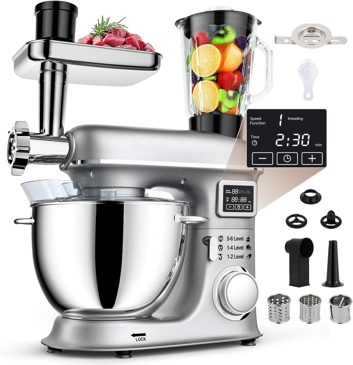 Keukenmixer Bakmachine Beslagmaker Veelzijdige Keukentaken 7 Snelheden Digitale Display 8 Liter Kom Zilver