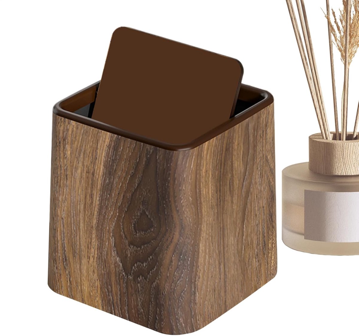 Bureau Prullenmand - Afvalemmer Deksel - Ruimtebesparend Opbergen - Retro Houtdecoratie - 18 x 15.5 cm - Met Deksel