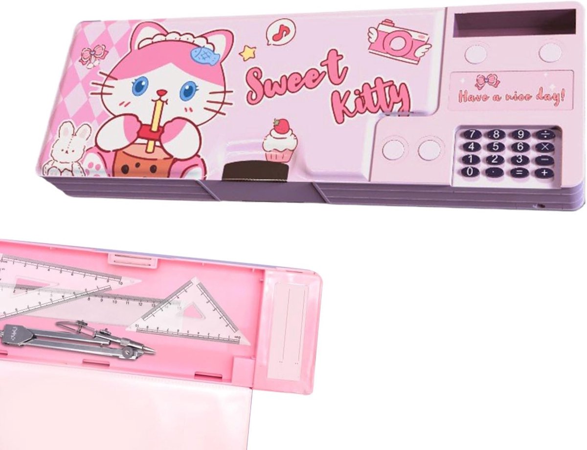 Pennendoos - Etui Organizer - Schoolwerk Opslag - Ingebouwde Rekenmachine - 26 cm Lengte - Kitten Cartoon