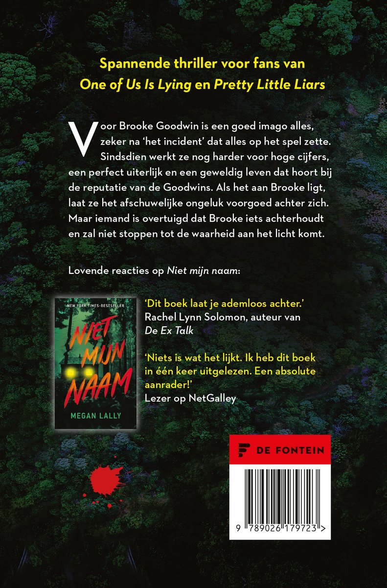 Boekcover met de titel 'Niet mijn naam' in rode letters en een bloedspat.