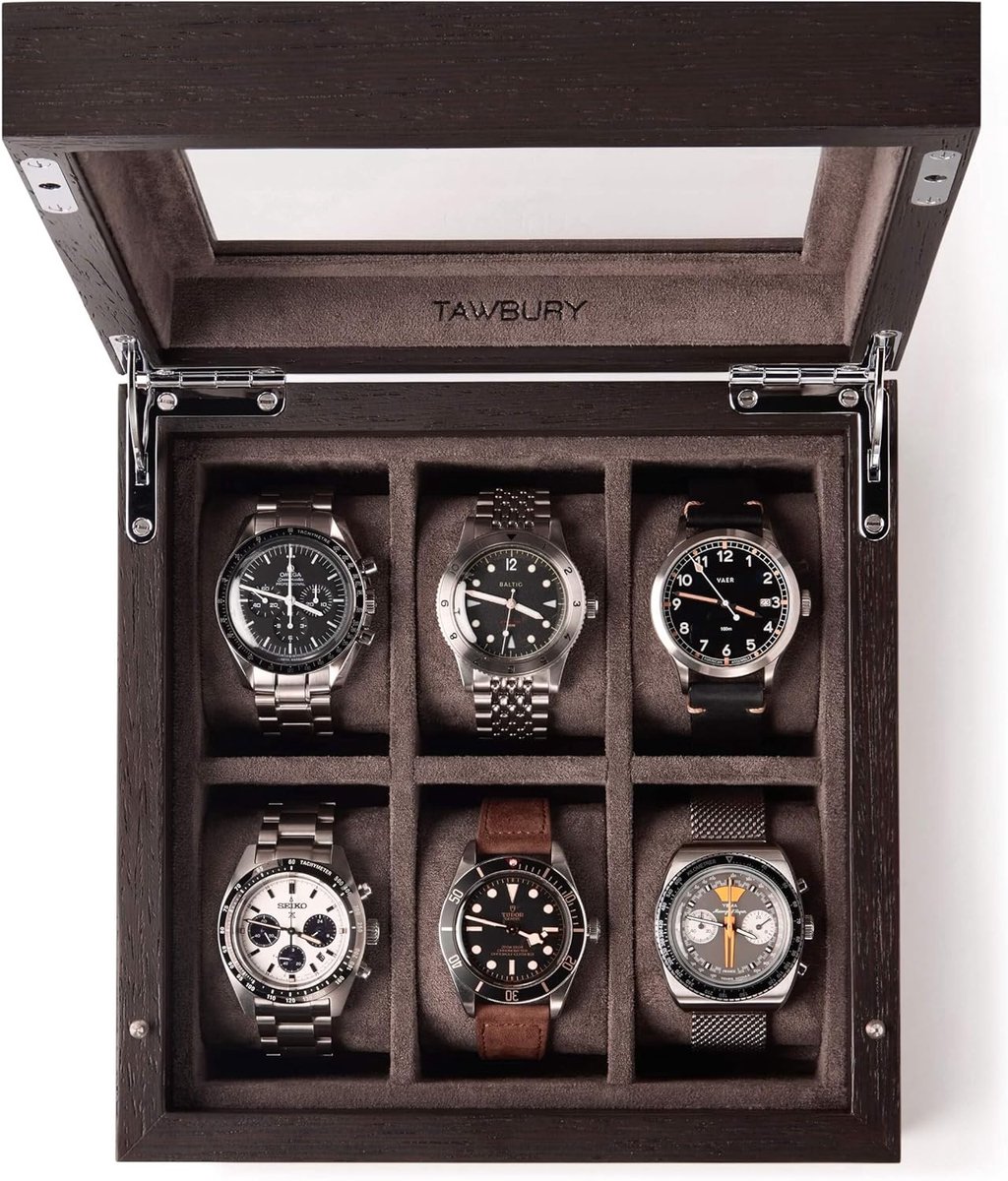 Houten Horlogedoos - Horloge Opberger - Collectie Presenteren - 6 Vakken Glazen Deksel - 20.5 x 20.5 x 10.5 cm
