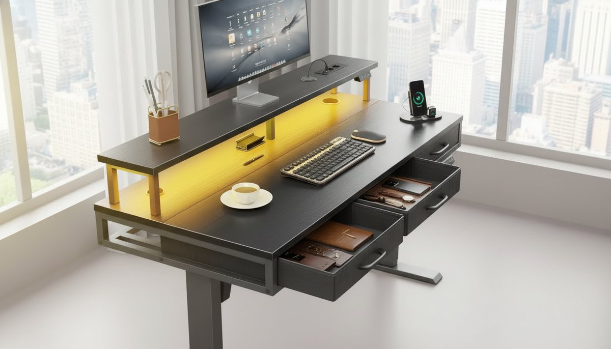 Electric Desk Casa Velluto Elevare Pro 120cm – In hoogte verstelbaar bureau met 3 lades, monitorstandaard, ingebouwde USB-poorten en LED-lichtstrip – Ergonomisch gaming en kantoor bureau – Zwart