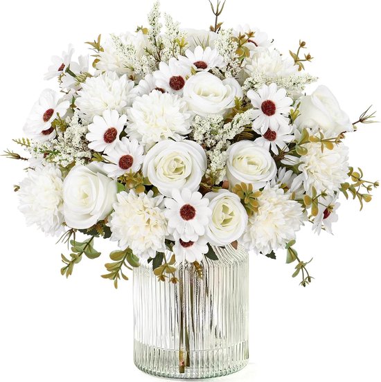 2 Pièces Fleurs Artificielles – Bouquet Blanc avec Pivoines Artificielles, Hortensias en Soie et Œillets en Plastique – Arrangement Floral Réaliste pour Décoration de Mariage et Centres de Table
