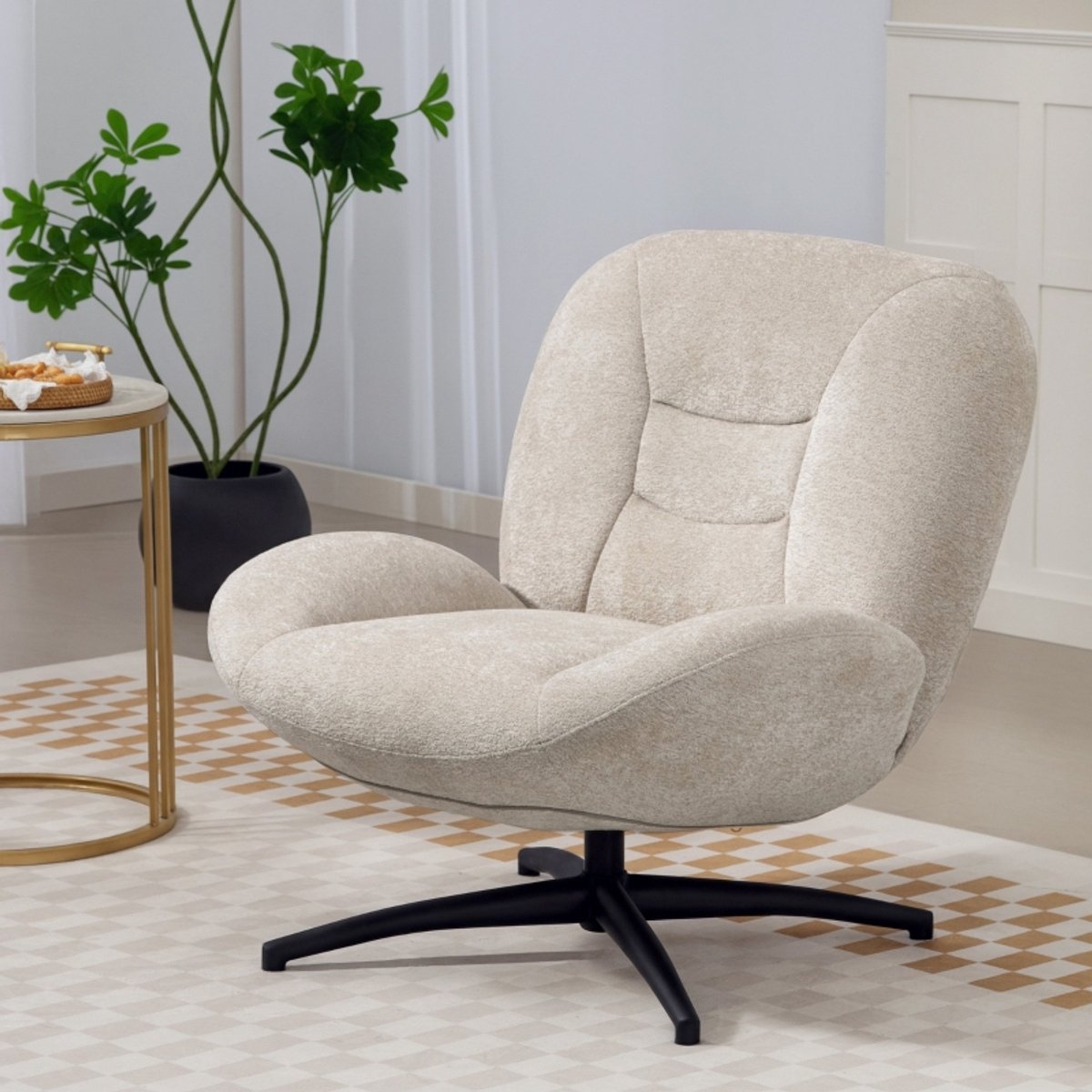 MODFU Draaifauteuil - 360° Draaibaar En Getuft - Modern - Chenillestof En Staal - Crèmewit Crème wit