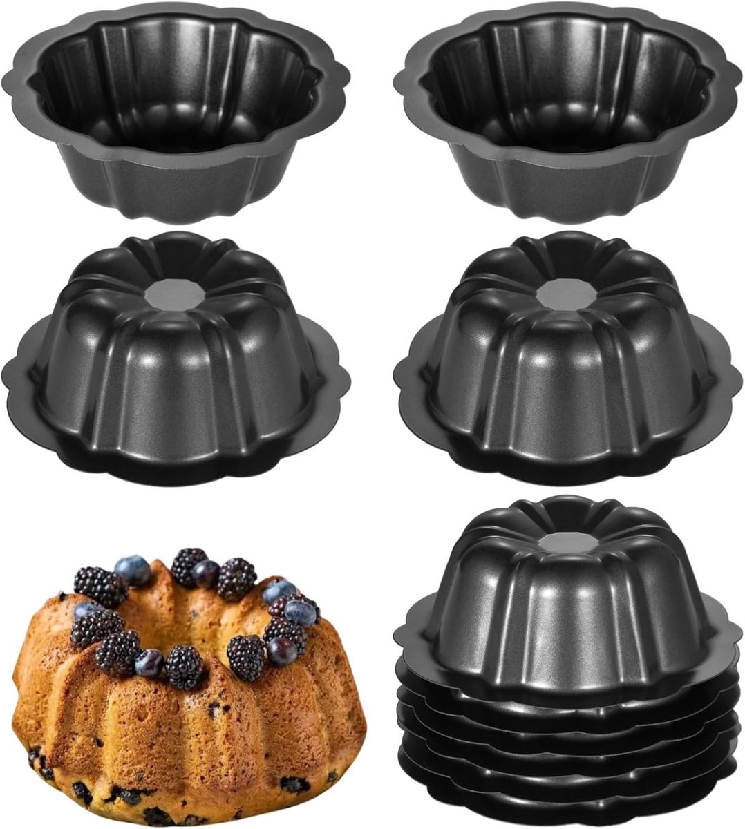 Mini Cake Pan - Gecanneleerde Vorm - Bakken Cupcakes - Anti-aanbaklaag - 4.5 Inch - Zwart